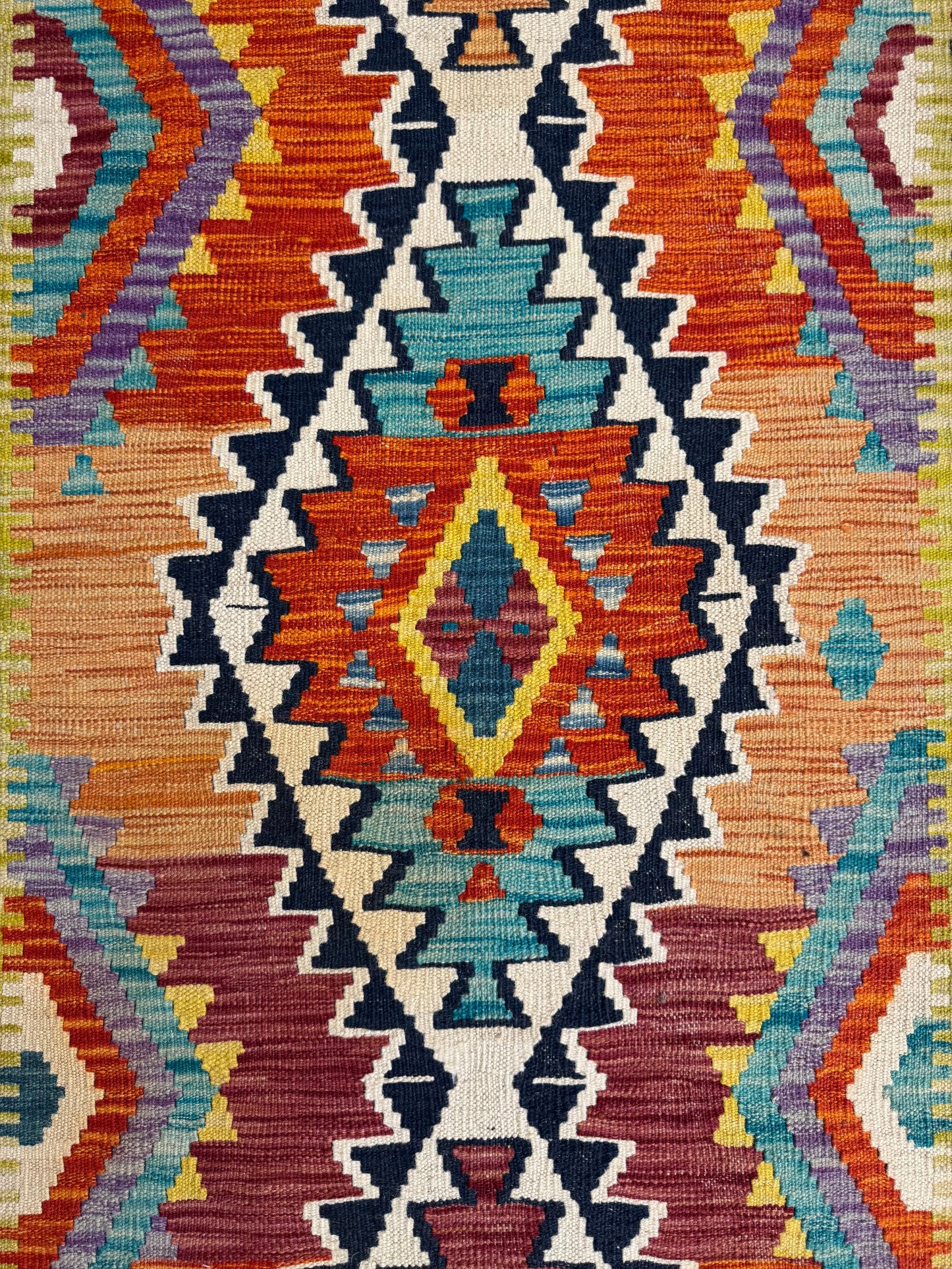 Nomad Glow El Dokuma Kilim – Sarı, Turuncu ve Mavi Geometrik Desenli Otantik Kilim (0.83 x 2.88 m) | NG-0026