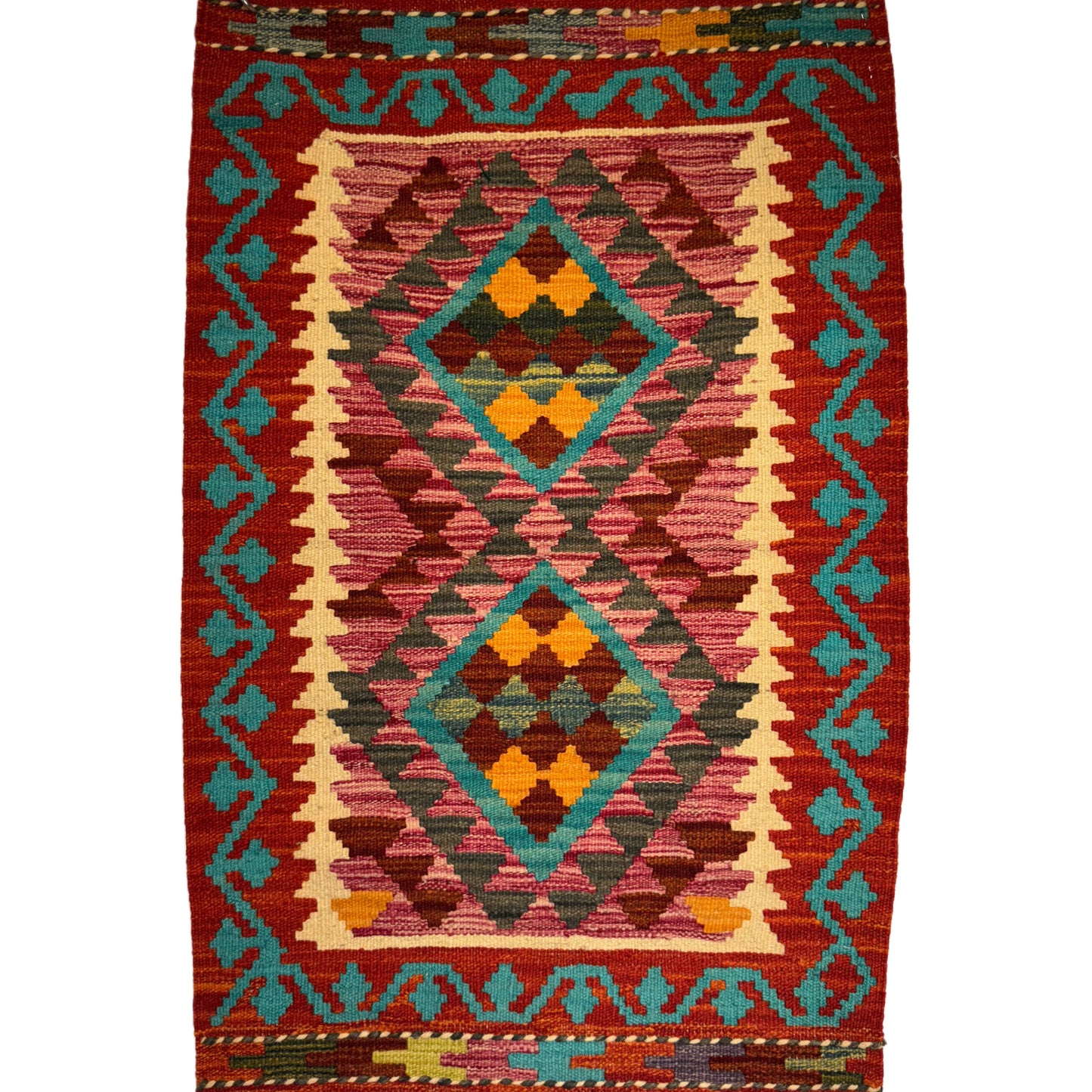 El Dokuma Kırmızı-Turkuaz Küçük Kilim – Etnik Desenli Dekoratif Otantik Halı (0.61 x 0.94 m) | Nomad Glow Serisi NG-0007