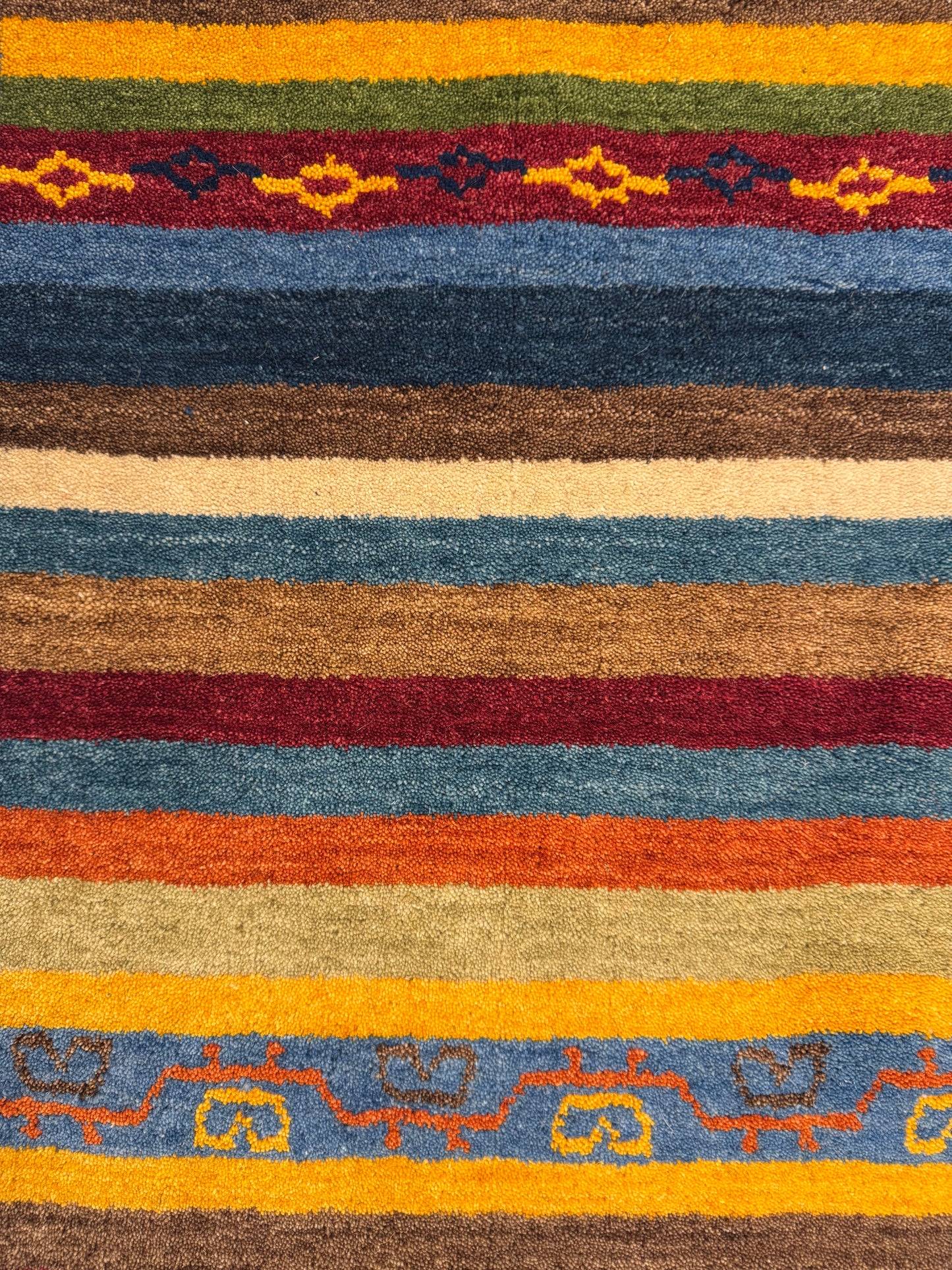 Color Loom El Dokuma Halı CL-0018 | Mavi Çizgili ve Motifli Yolluk Türk Halısı, El Yapımı Bohem Kilim