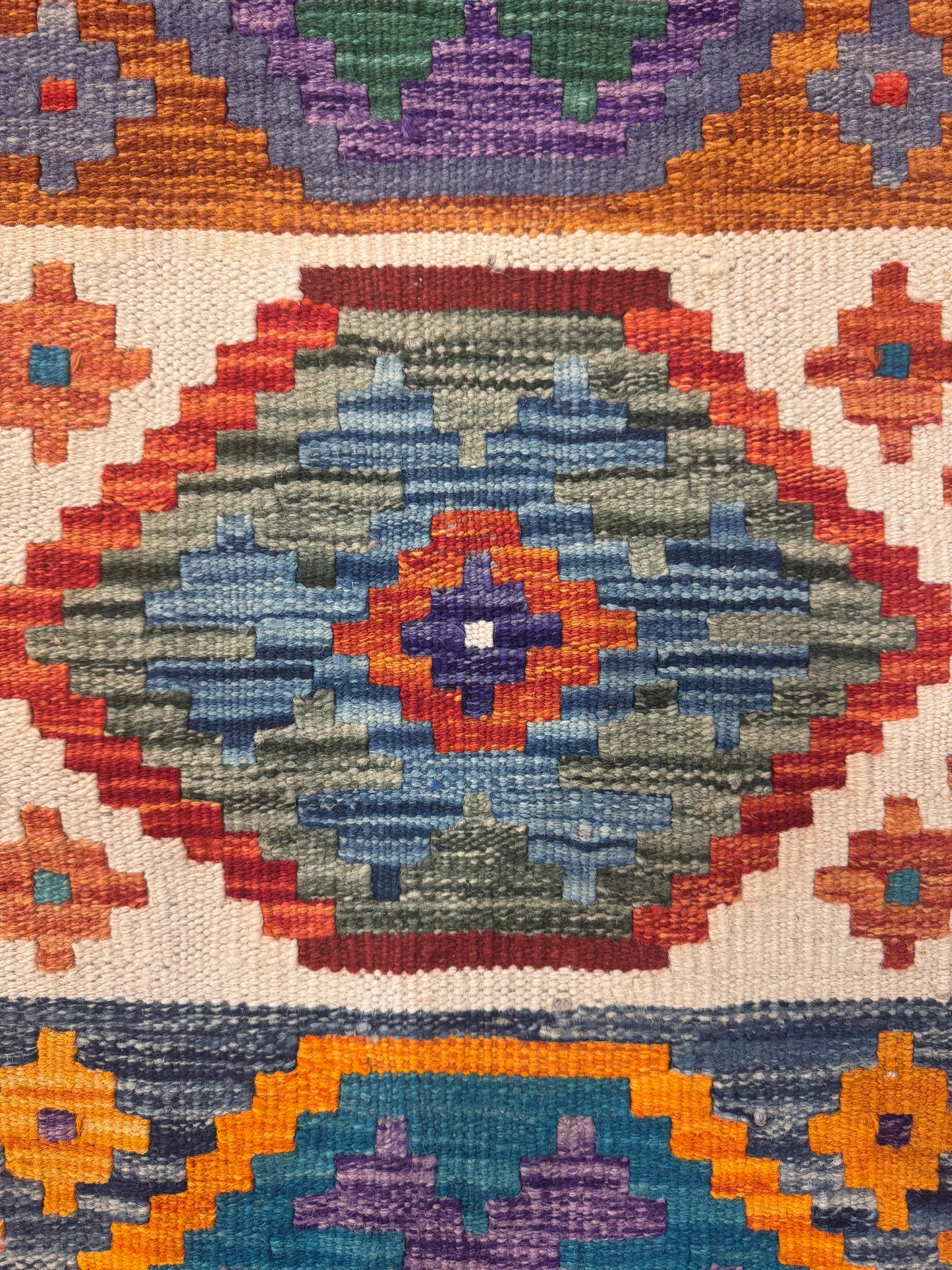 Nomad Glow El Dokuma Kilim – Turuncu Zeminli Çok Renkli Elmas Desenli Otantik Kilim (1.28 x 2.02 m) | NG-0030