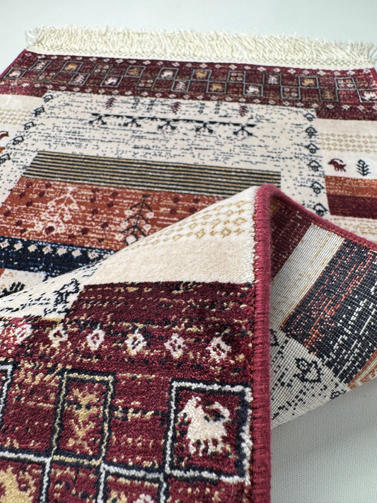 Silken Echo İpeksi Dokuma Halı – Etnik Patchwork Desenli Bordo ve Krem Halı (0.40 x 0.60 m) | SE-0039