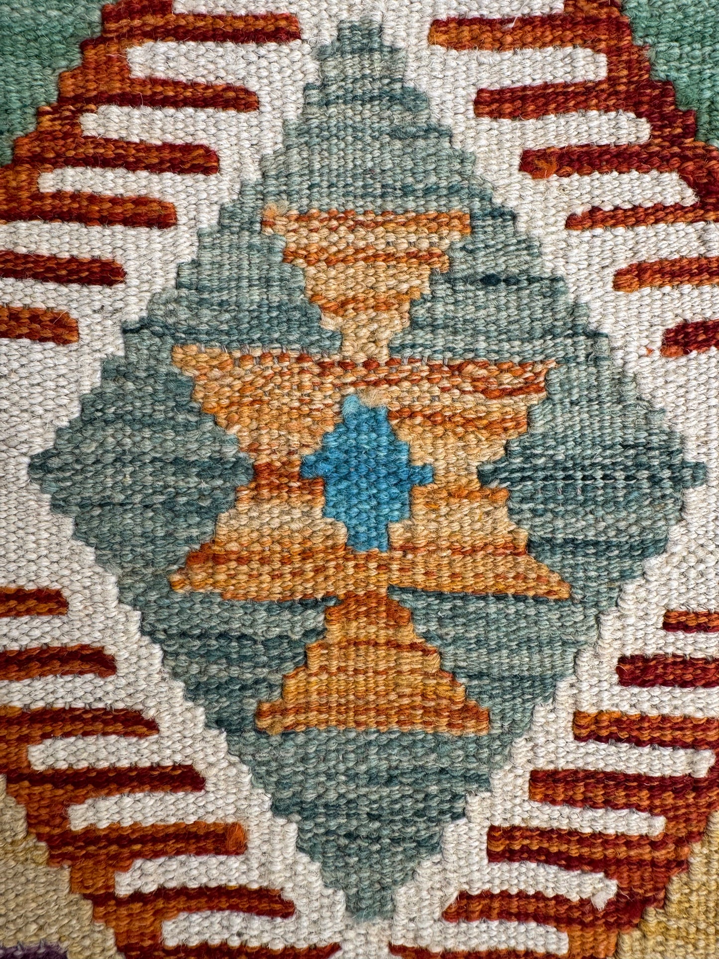 El Dokuma Turkuaz-Krem Küçük Kilim – Otantik Geometrik Desenli Dekoratif Halı (0.62 x 0.90 m) | Nomad Glow Serisi NG-0010