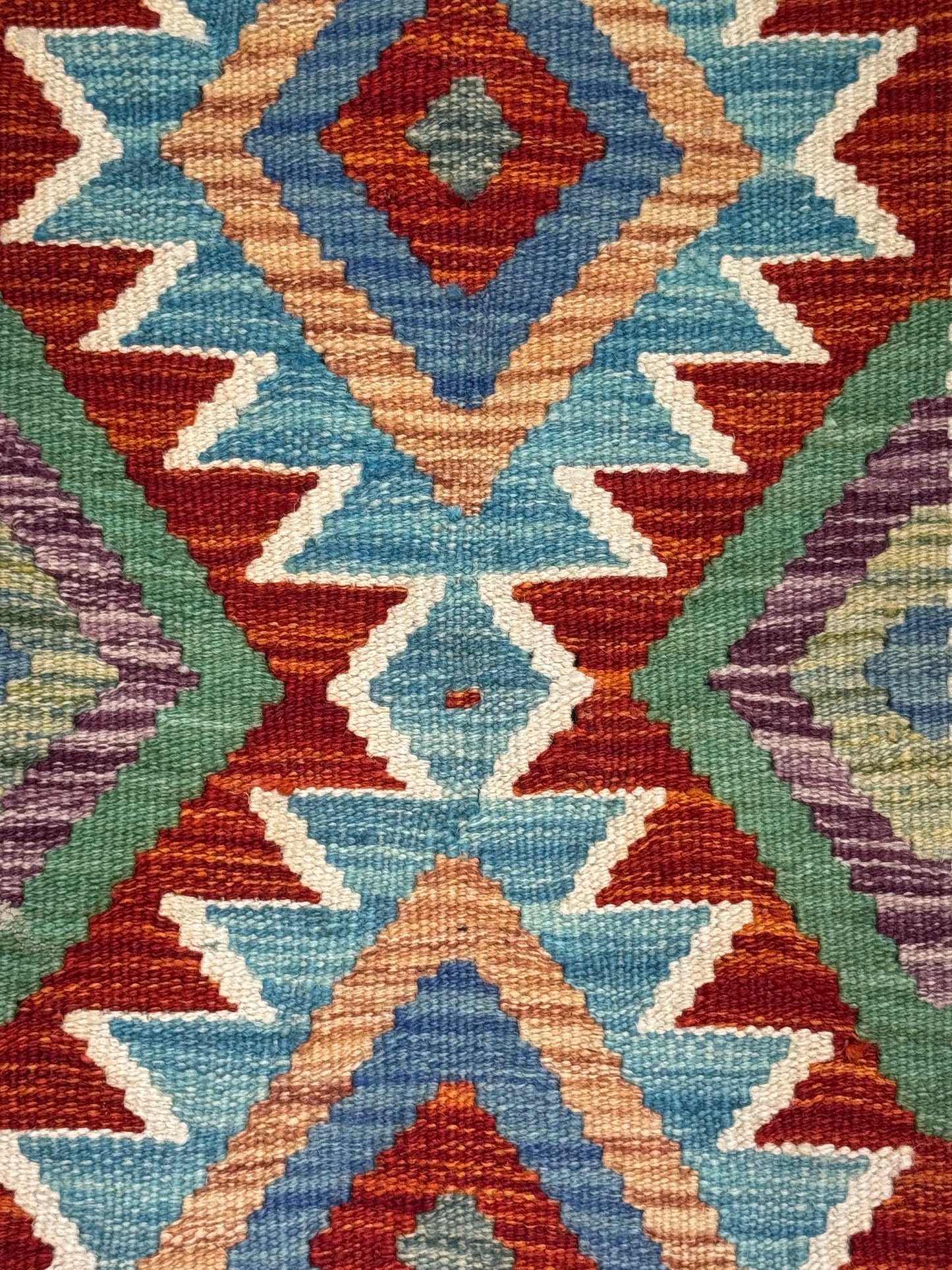 El Dokuma Çok Renkli Küçük Kilim – Kırmızı Turuncu Mavi Geometrik Desenli Otantik Halı (0.57 x 0.91 m) | Nomad Glow Serisi NG-0012