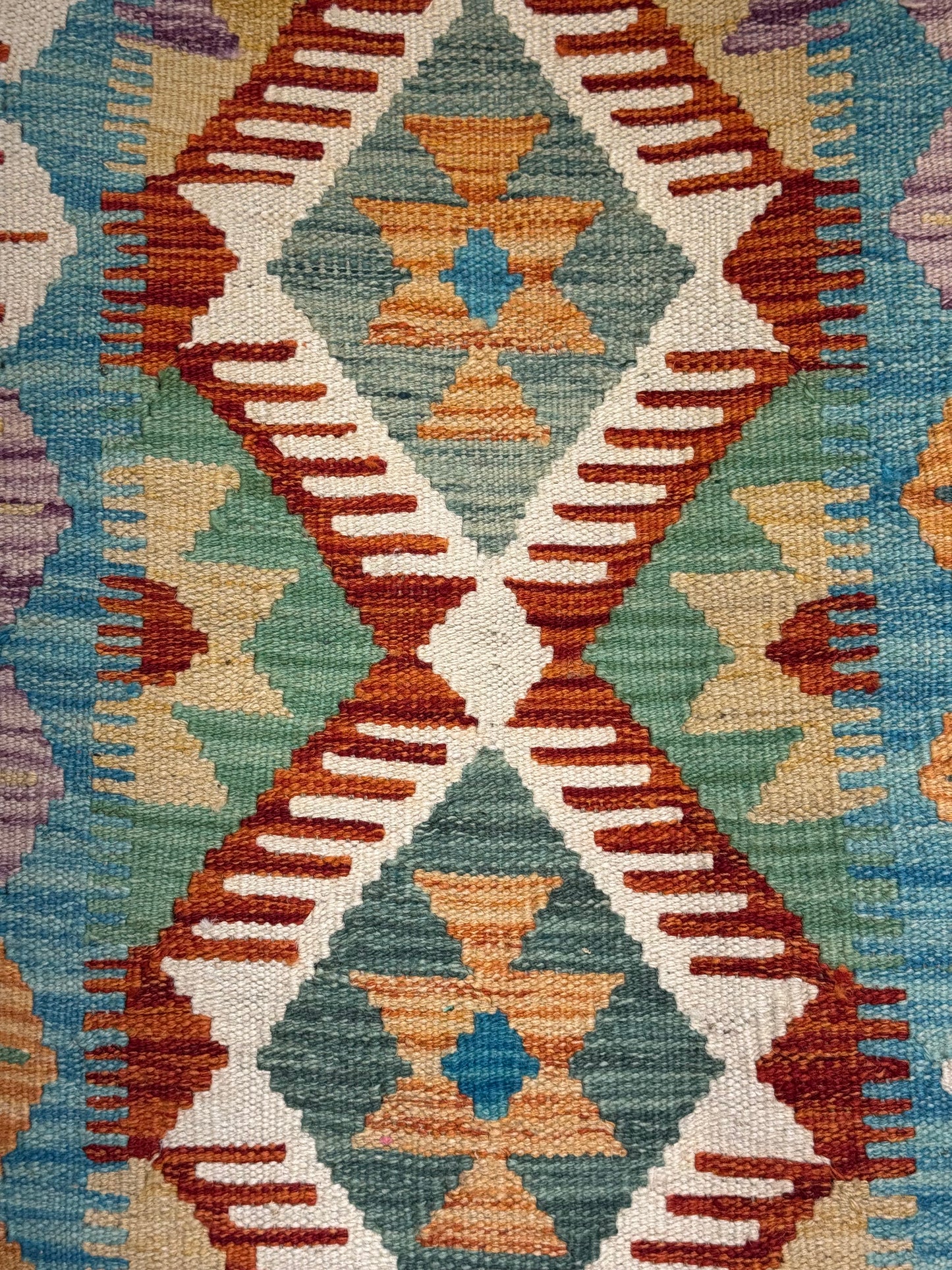 El Dokuma Turkuaz-Krem Küçük Kilim – Otantik Geometrik Desenli Dekoratif Halı (0.62 x 0.90 m) | Nomad Glow Serisi NG-0010