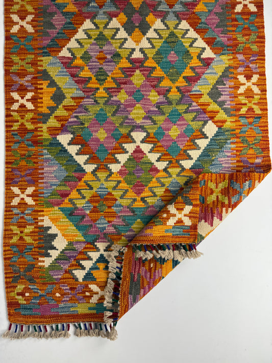 Nomad Glow El Dokuma Kilim – Turuncu Zemin Çok Renkli Geometrik Otantik Kilim (0.80 x 1.20 m) | NG-0020