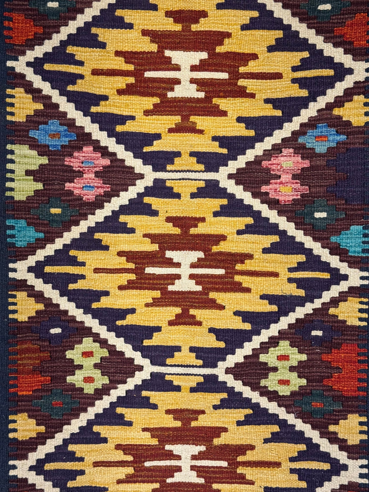 Nomad Glow El Dokuma Kilim – Sarı Kırmızı Lacivert Geometrik Desenli Otantik Kilim (0.78 x 1.22 m) | NG-0018
